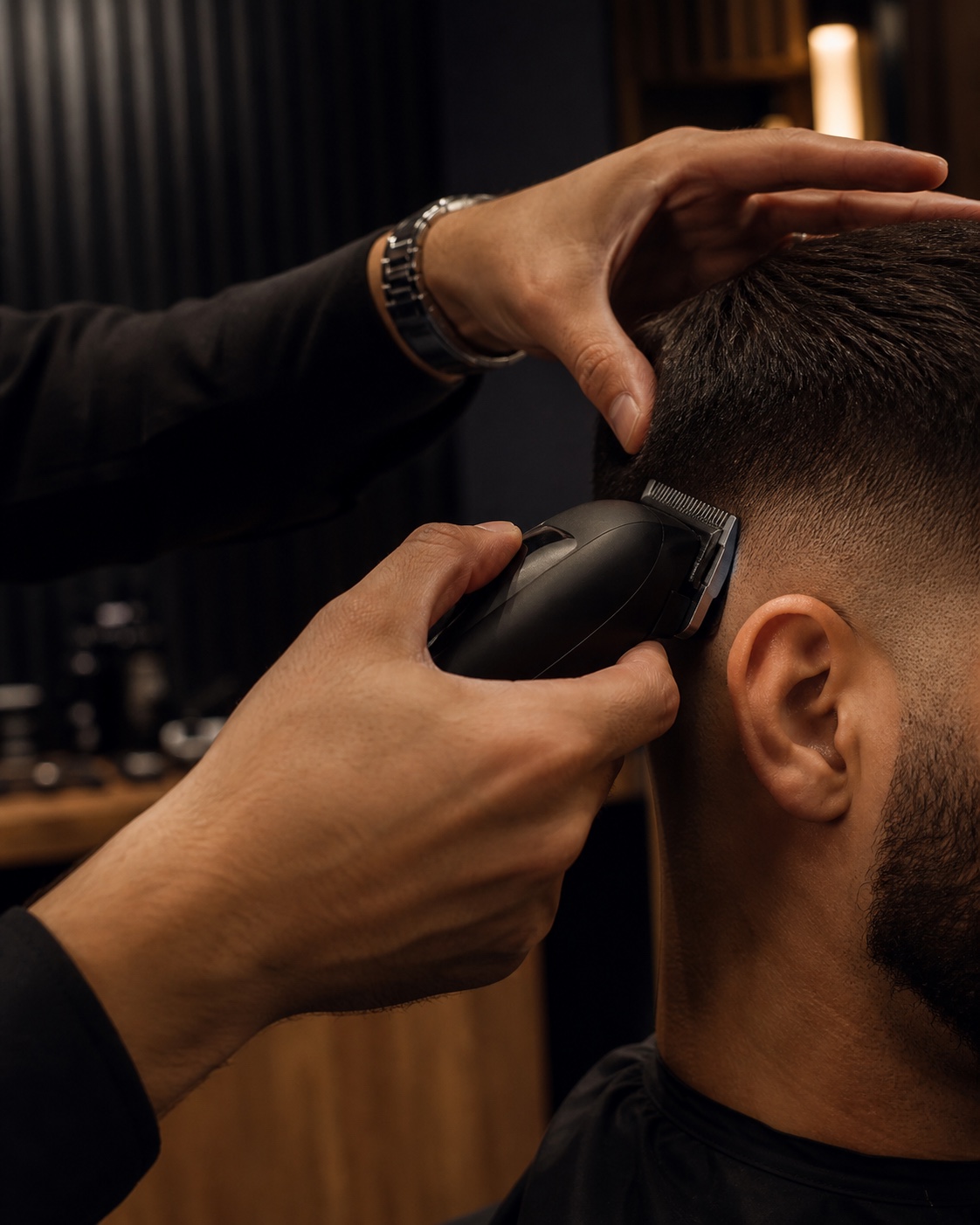 A barber’s hands making a precise finishing pass with clippers